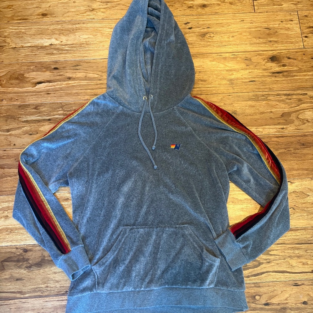 aviator nation classic relaxed velvet pullover hoodie size small grey